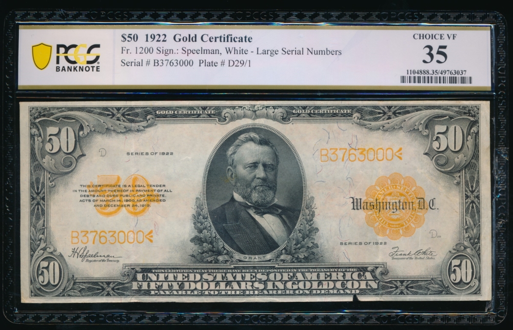 Fr. 1200 1922 $50  Gold Certificate  PCGS 35 comment B3763000