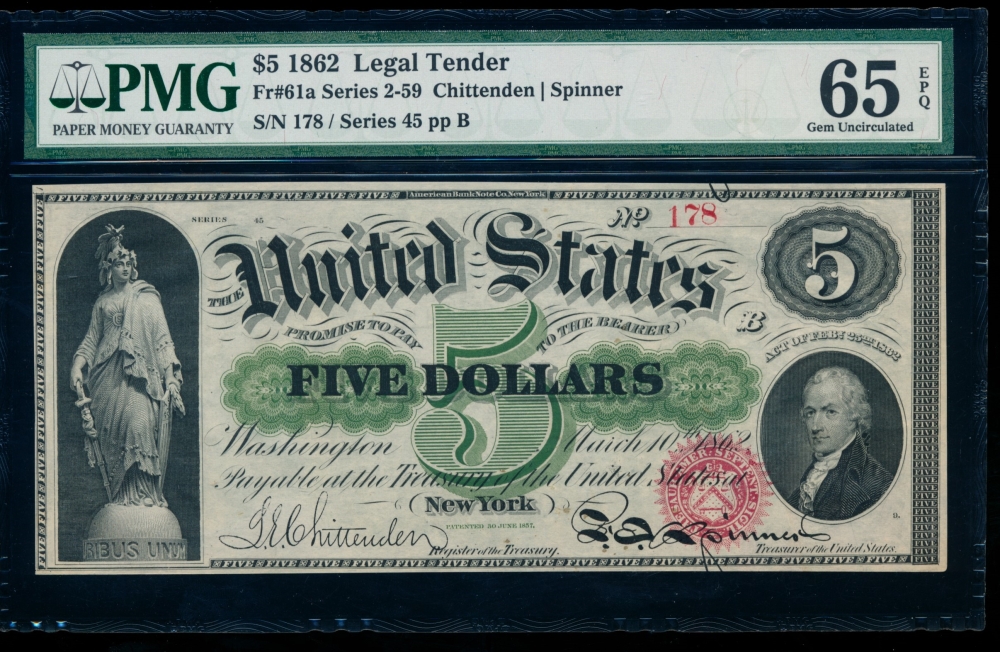 Fr. 61a 1862 $5  Legal Tender  PMG 65EPQ 45-178