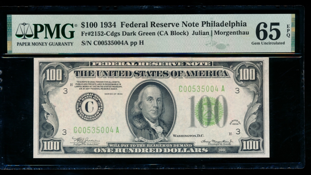 Fr. 2152-C 1934 $100  Federal Reserve Note Philadelphia PMG 65EPQ C00535004A