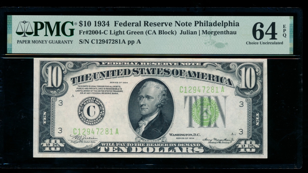 Fr. 2004-C 1934 $10  Federal Reserve Note Philadelphia LGS PMG 64EPQ C12947281A