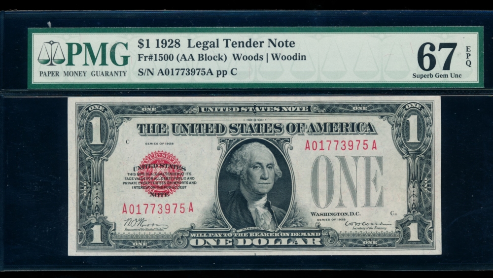 Fr. 1500 1928 $1  Legal Tender  PMG 67EPQ A01773975A