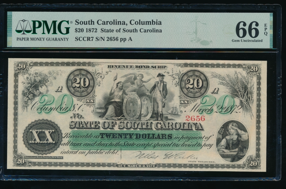 Fr. Cr SC-7 1872 $20  Obsolete State of South Carolina, Columbia, SC PMG 66EPQ 2656