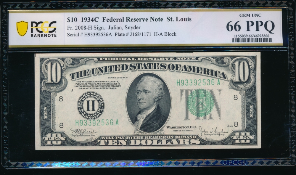 Fr. 2008-H 1934C $10  Federal Reserve Note Saint Louis PCGS 66PPQ H93392536A