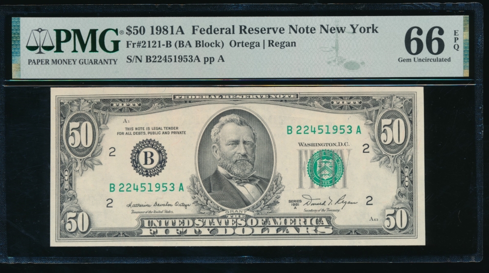 Fr. 2121-B 1981A $50  Federal Reserve Note New York PMG 66EPQ B22451953A