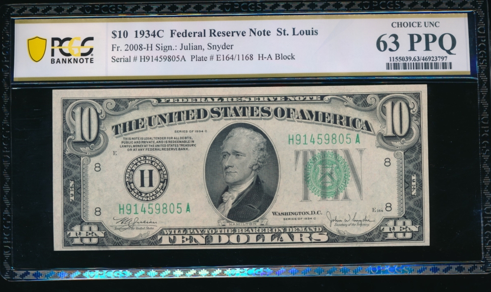 Fr. 2008-H 1934C $10  Federal Reserve Note Saint Louis PCGS 63PPQ H91459805A