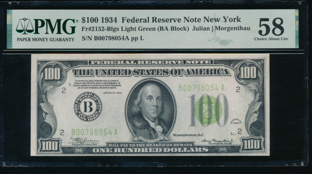 Fr. 2152-B 1934 $100  Federal Reserve Note New York LGS PMG 58 B00798054A