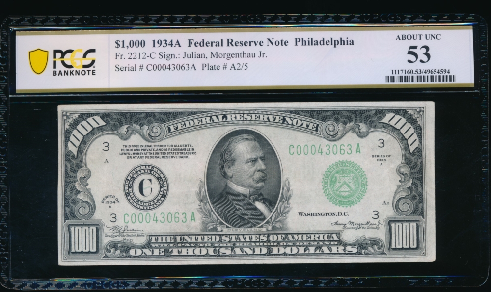 Fr. 2212-C 1934A $1,000  Federal Reserve Note Philadelphia PCGS 53 C00043063A