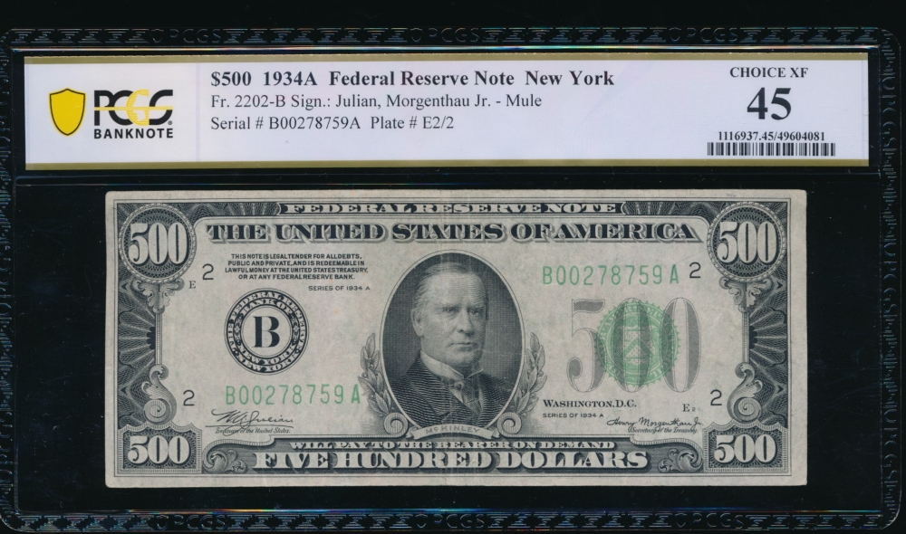 Fr. 2202-B 1934A $500  Federal Reserve Note New York PCGS 45 B00278759A