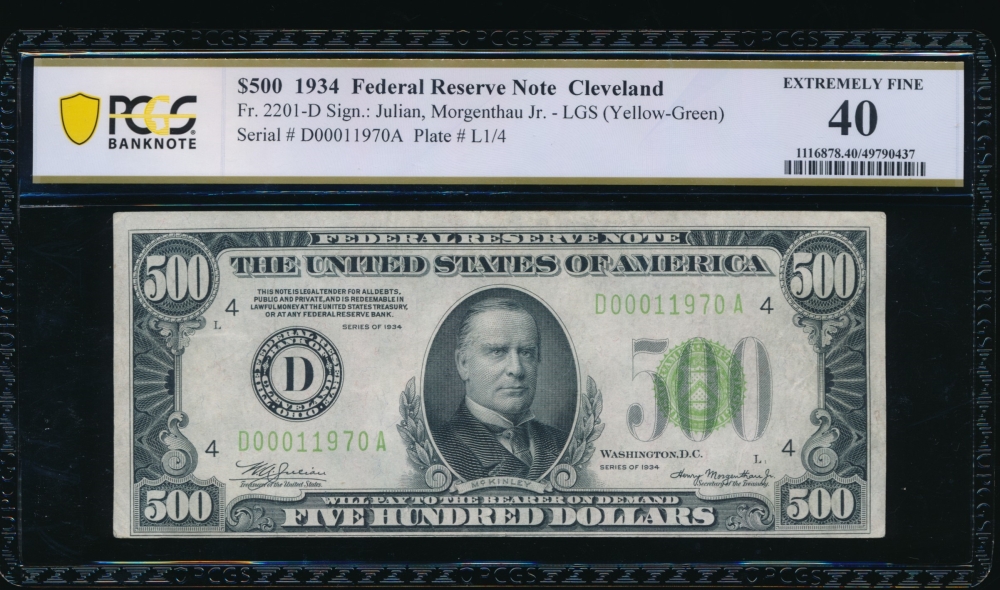 Fr. 2201-D 1934 $500  Federal Reserve Note Cleveland LGS PCGS 40 D00011970A