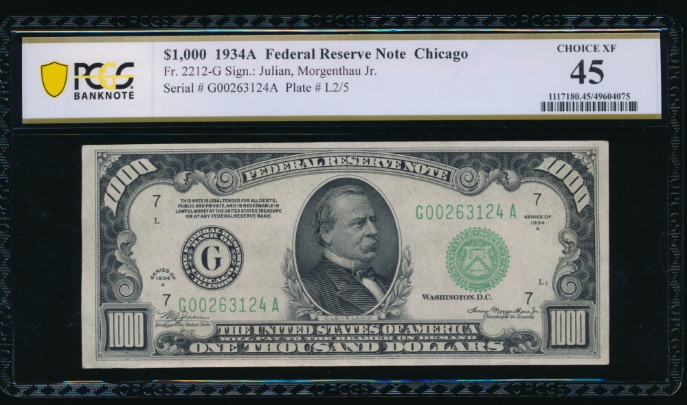 Fr. 2212-G 1934A $1,000  Federal Reserve Note Chicago PCGS 45 G00263124A