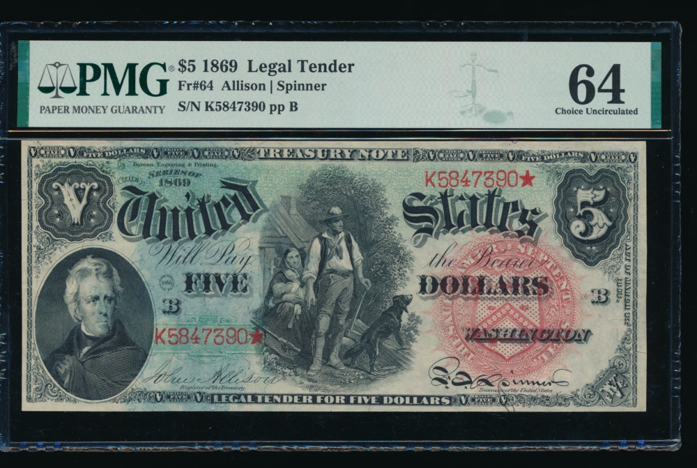 Fr. 64 1869 $5  Legal Tender  PMG 64 K5847390*