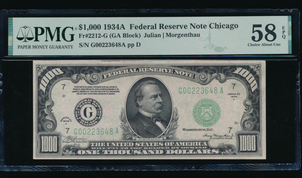 Fr. 2212-G 1934A $1,000  Federal Reserve Note Chicago PMG 58EPQ G00223648A