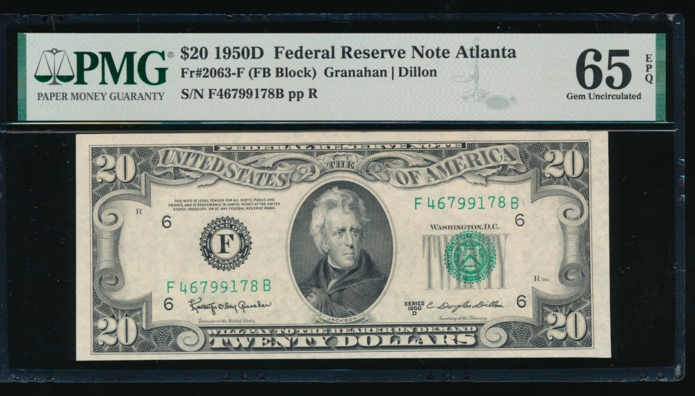 Fr. 2063-F 1950D $20  Federal Reserve Note Atlanta PMG 65EPQ F46799178A