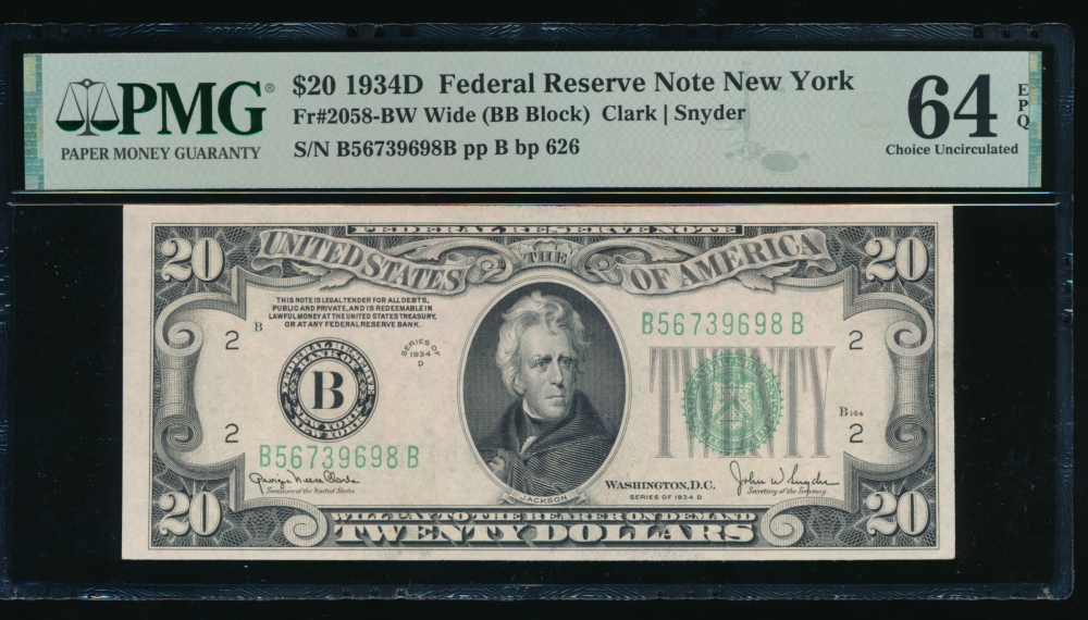 Fr. 2058-B 1934D $20  Federal Reserve Note Wide, BB block PMG 64EPQ B56739698B