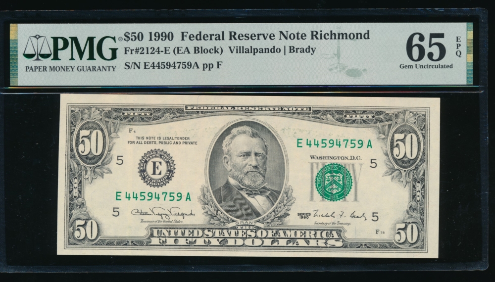 Fr. 2124-E 1990 $50  Federal Reserve Note Richmond PMG 65EPQ E44594759A