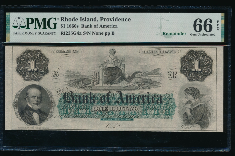 Fr. RI-235 G4a 1860s $1  Obsolete Bank of America, Rhode Island PMG 66EPQ no serial number