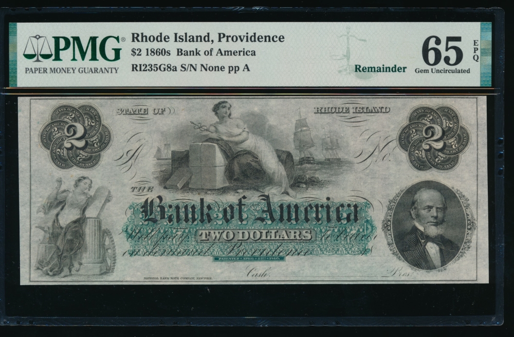 Fr. RI-235 G8a 1860s $2  Obsolete Bank of America, Rhode Island PMG 65EPQ no serial number