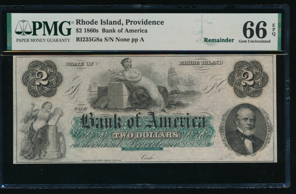 Fr. RI-235 G8a 1860s $2  Obsolete Bank of America, Rhode Island PMG 66EPQ no serial number