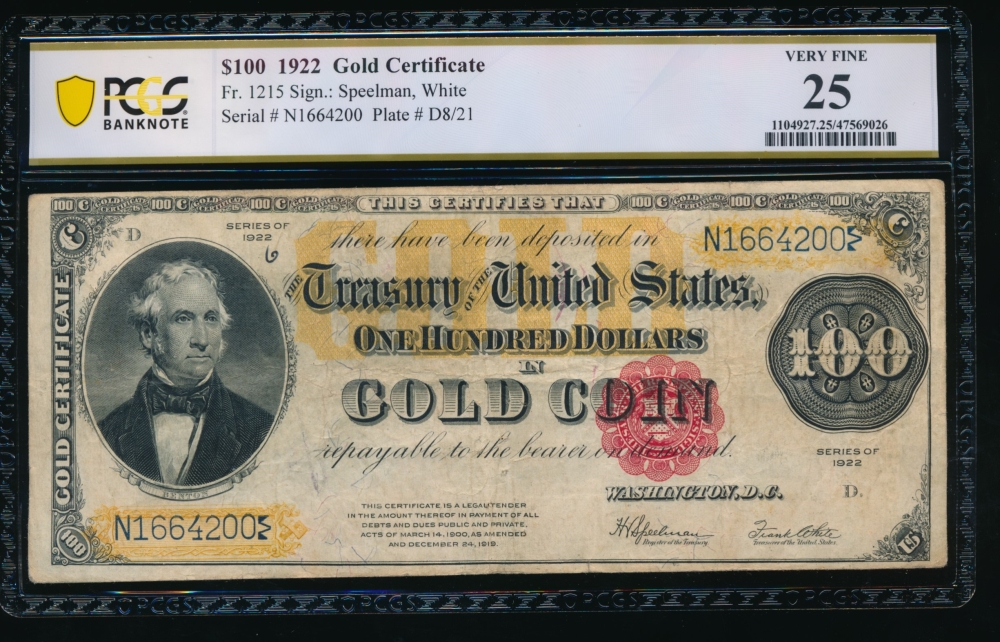 Fr. 1215 1922 $100  Gold Certificate  PCGS 25 N1664200