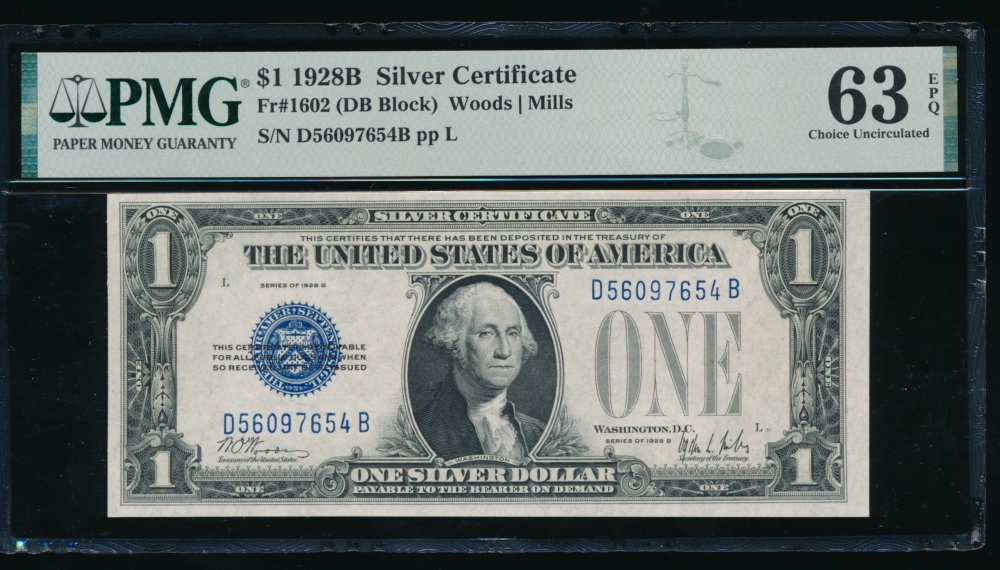 Fr. 1602 1928B $1  Silver Certificate DB block PMG 63EPQ D56097654A