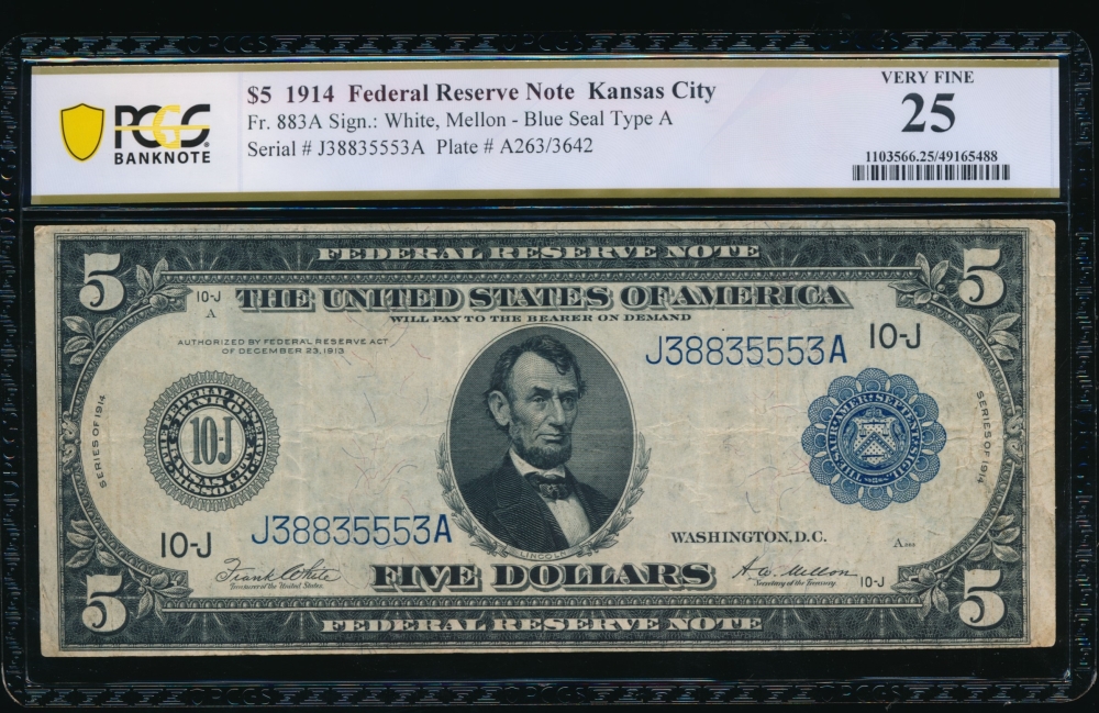 Fr. 883a 1914 $5  Federal Reserve Note Kansas City PCGS 25 J38835553A