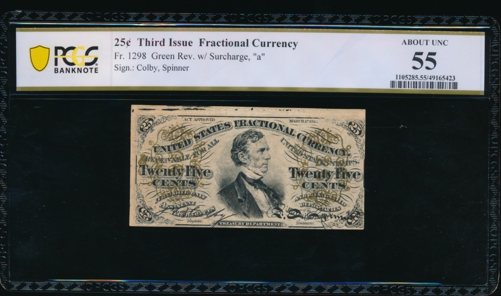 Fr. 1298  $0.25  Fractional Third Issue: Federson, Green Reverse; Surcharge 