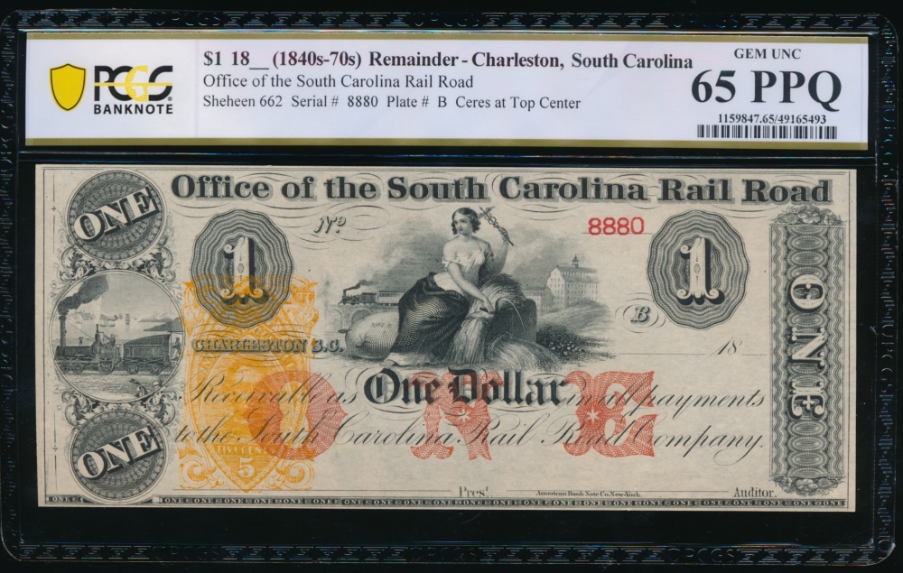 Fr. SCS350 1800s $1  Obsolete Office of the South Carolina Rail Road, Charleston, SC PMG 66EPQ 