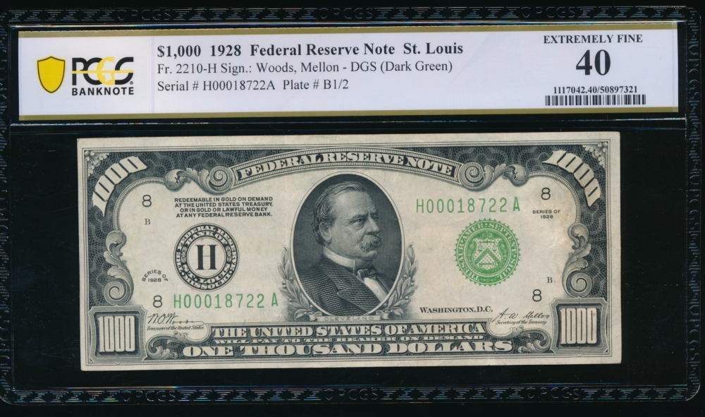 Fr. 2210-H 1928 $1,000  Federal Reserve Note Saint Louis PCGS 40 H00018722A