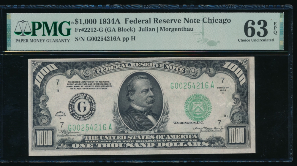 Fr. 2212-G 1934A $1,000  Federal Reserve Note Chicago PMG 63EPQ G00254216A