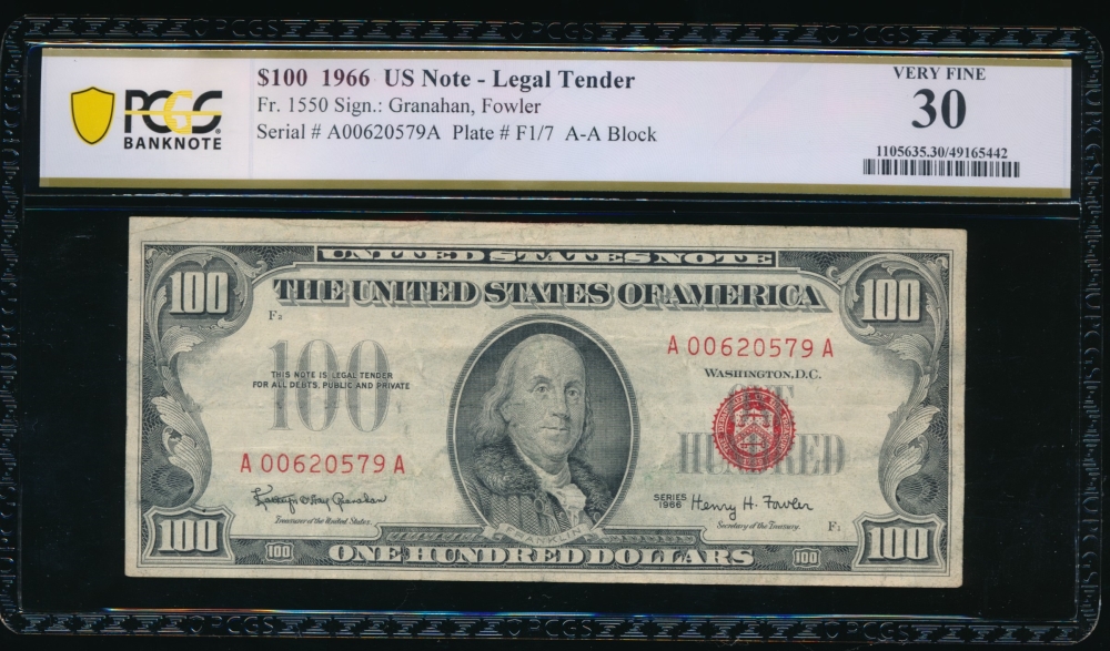 Fr. 1550 1966 $100  Legal Tender AA block PCGS 30 A00620579A