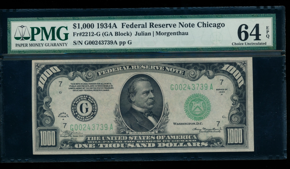 Fr. 2212-G 1934A $1,000  Federal Reserve Note Chicago PMG 64EPQ G00243739A