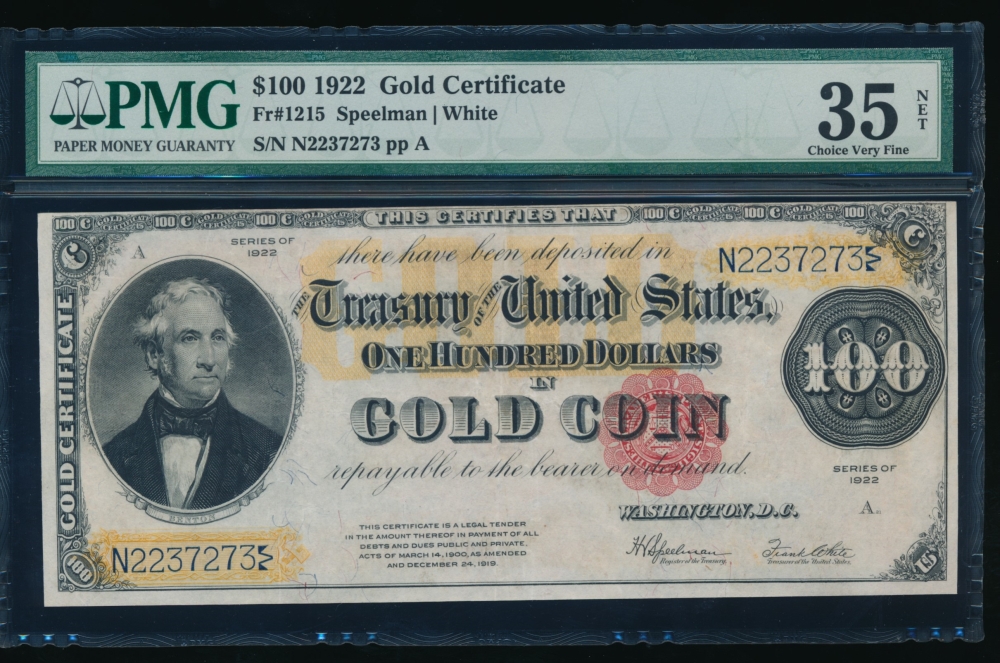 Fr. 1215 1922 $100  Gold Certificate  PMG 35NET N2237273