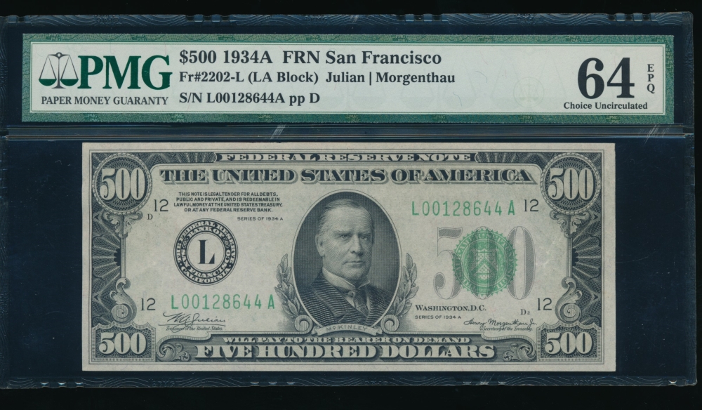 Fr. 2202-L 1934A $500  Federal Reserve Note San Francisco PMG 64EPQ L00128644A