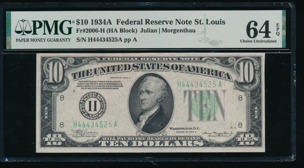 Fr. 2006-H 1934A $10  Federal Reserve Note Saint Louis PMG 64EPQ H44434525A