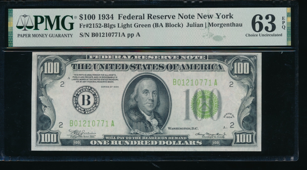 Fr. 2152-B 1934 $100  Federal Reserve Note New York LGS PMG 63EPQ B01210771A