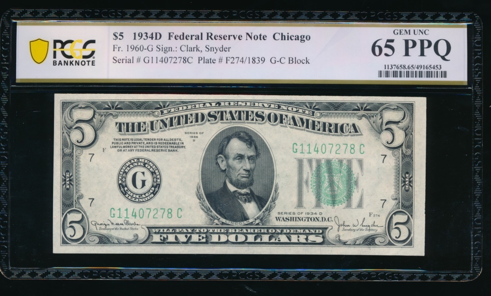 Fr. 1960-G 1934D $5  Federal Reserve Note Chicago PCGS 65PPQ G11407278C