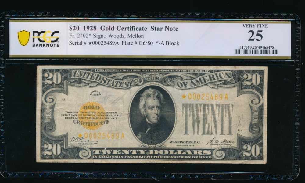 Fr. 2402 1928 $20  Gold Certificate *A block PCGS 25 comment *00025489A