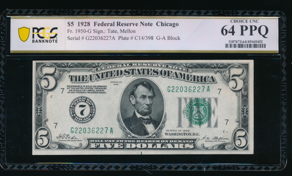 Fr. 1950-G 1928 $5  Federal Reserve Note Chicago PCGS 64PPQ G22036227A