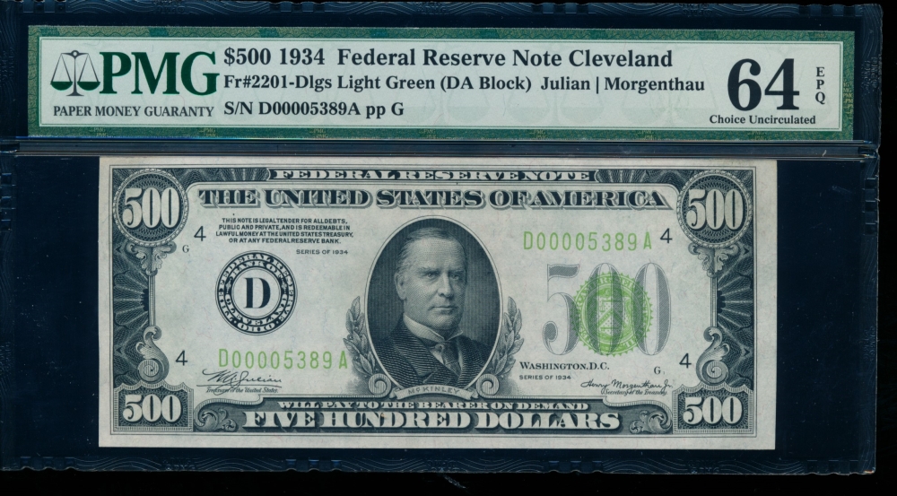 Fr. 2201-D 1934 $500  Federal Reserve Note Cleveland LGS PMG 64EPQ D00005389A