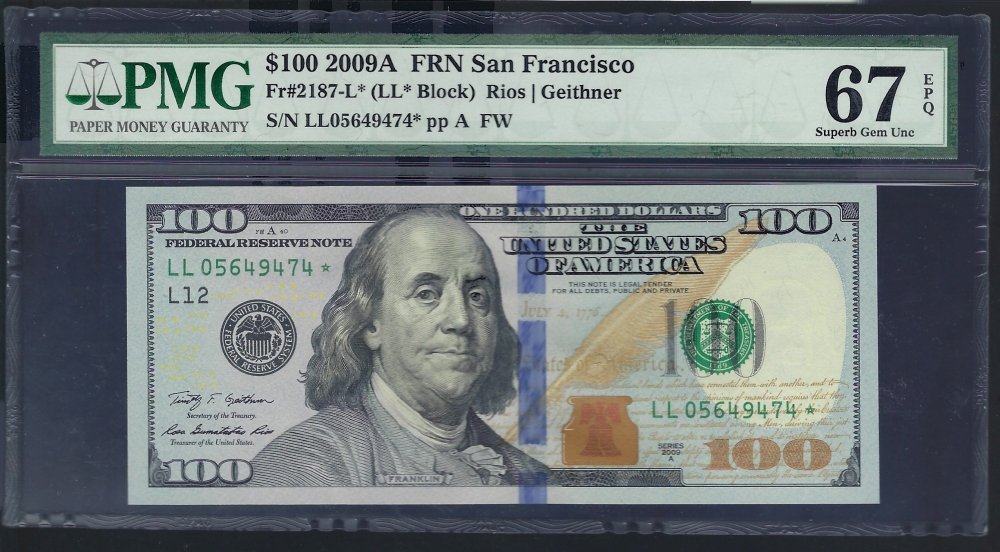 Fr. 2187-L 2009A $100  Federal Reserve Note San Francisco Star PMG 67EPQ LL05649474*