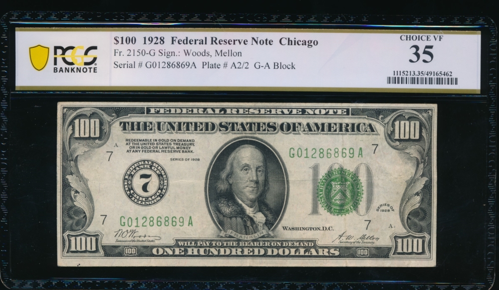 Fr. 2150-G 1928 $100  Federal Reserve Note Chicago PCGS 35 G01286869A