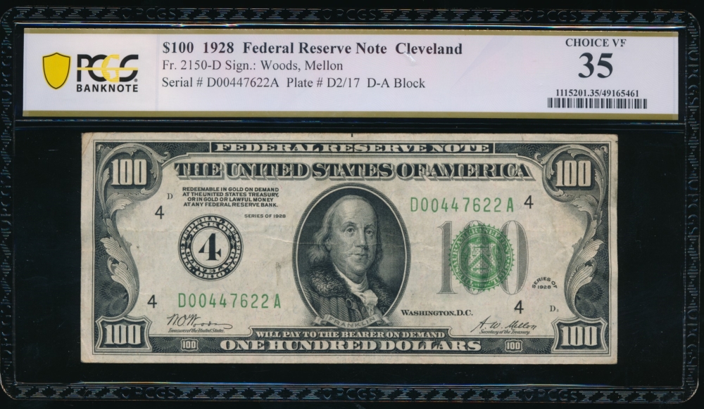 Fr. 2150-D 1928 $100  Federal Reserve Note Cleveland PCGS 35 D00447622A