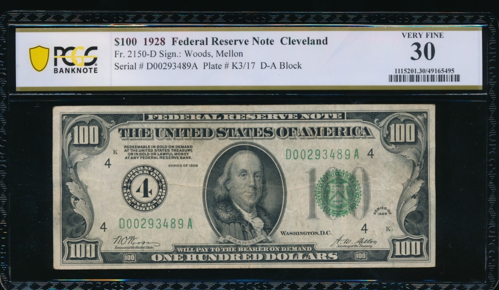 Fr. 2150-D 1928 $100  Federal Reserve Note Cleveland PCGS 30 D00293489A