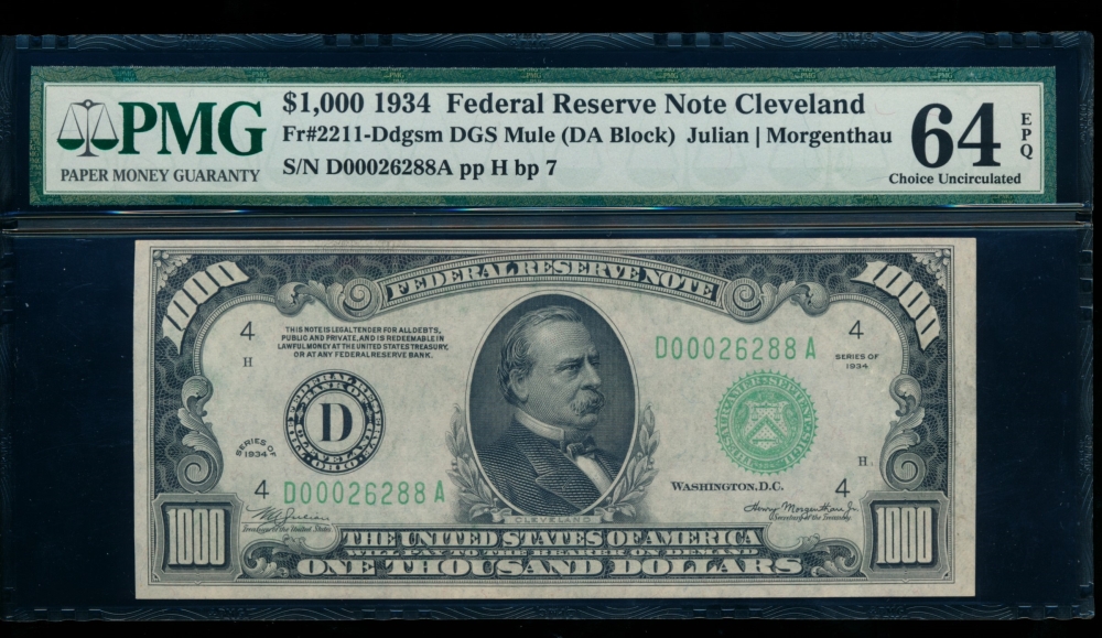 Fr. 2211-D 1934A $1,000  Federal Reserve Note Cleveland PMG 64EPQ D00026288A