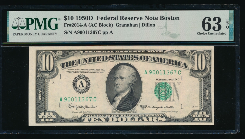 Fr. 2014-A 1950D $10  Federal Reserve Note Boston PMG 63EPQ A90011367C