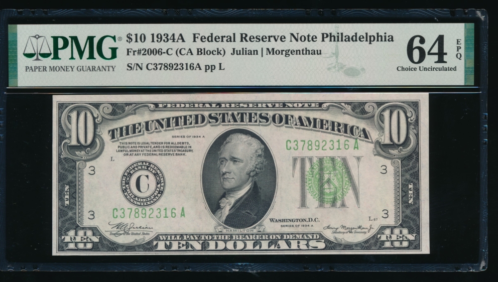 Fr. 2006-C 1934A $10  Federal Reserve Note Philadelphia PMG 64EPQ C37892316A