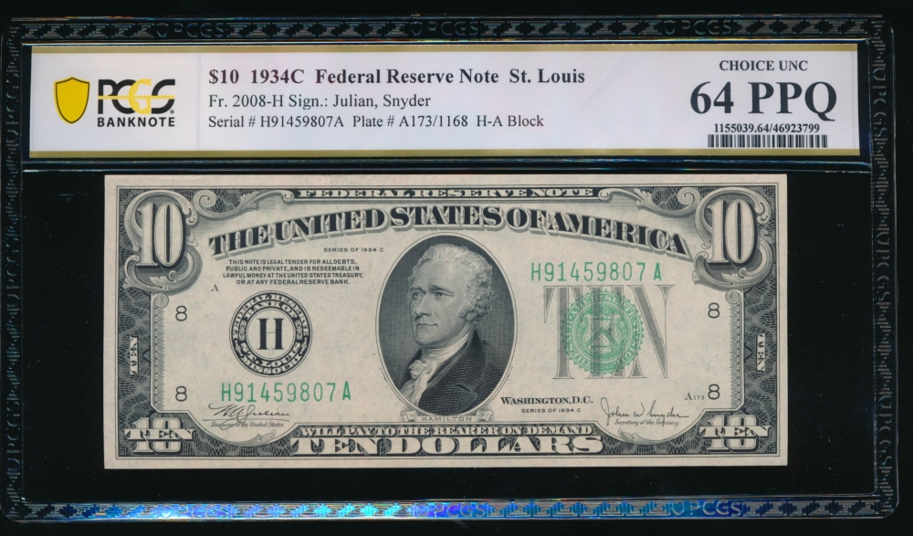 Fr. 2008-H 1934C $10  Federal Reserve Note Saint Louis PCGS 64PPQ H91459807A