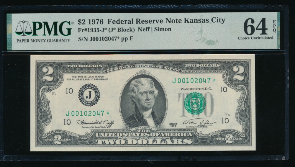 Fr. 1935-J 1976 $2  Federal Reserve Note Kansas City star PMG 64EPQ J00102047*