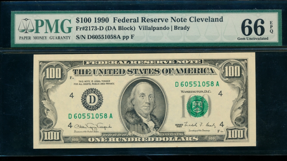 Fr. 2173-D 1990 $100  Federal Reserve Note Cleveland PMG 66EPQ D60551058A