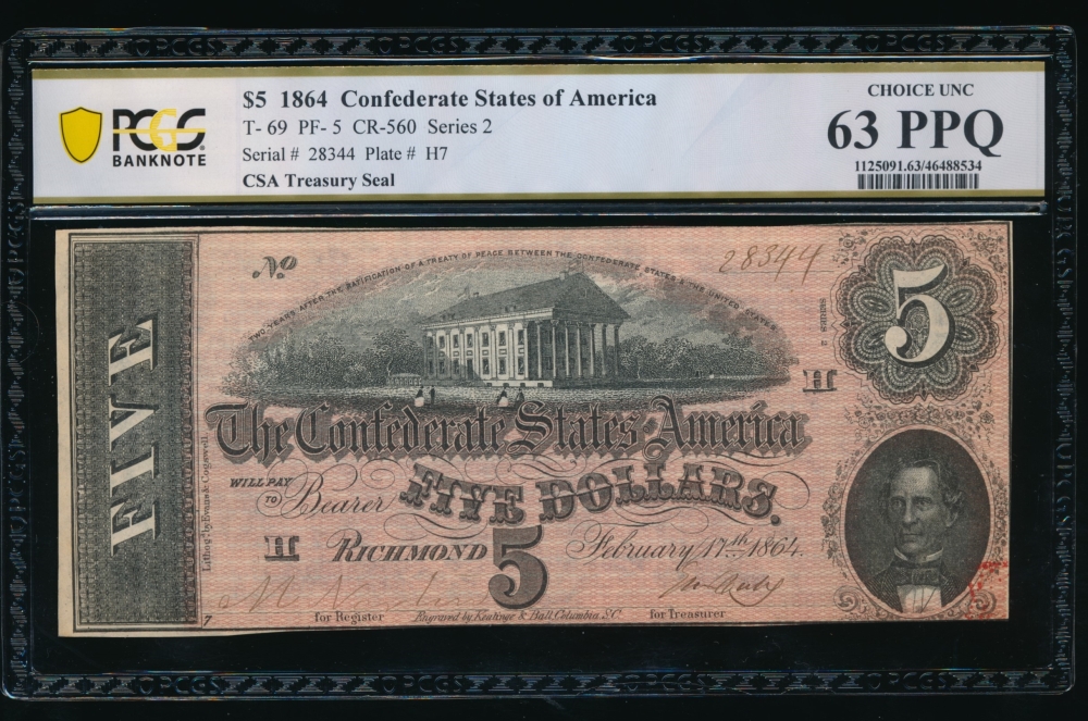 Fr. T-69 1864 $5  Confederate  PCGS 63PPQ 28344